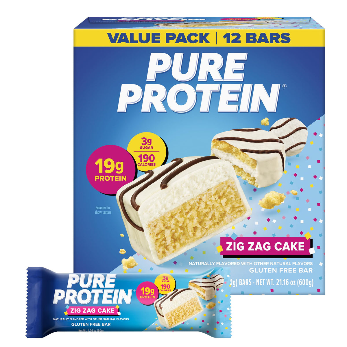 Pure Protein Zig Zag Cake front packaging showing nutrition and portability benefits