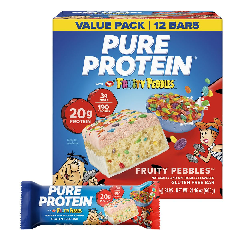 Pure Protein front box showing Fruity PEBBLES™ bars and count benefits