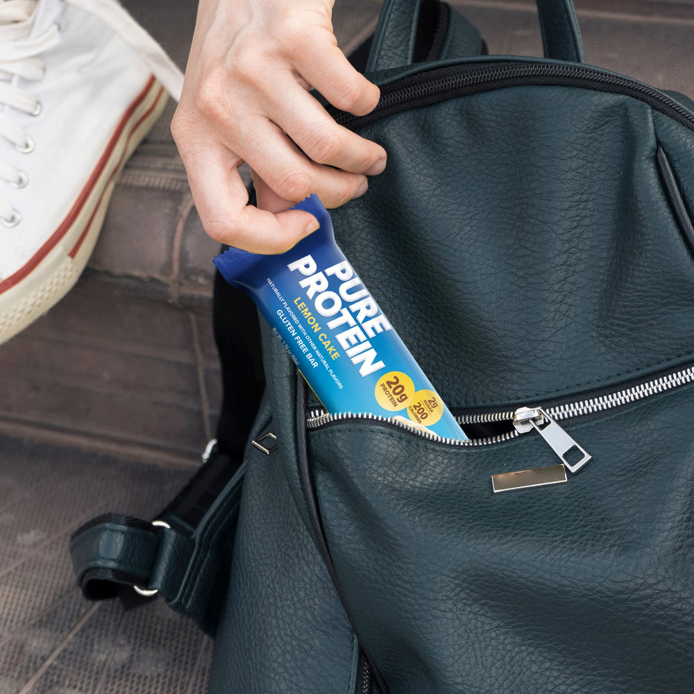 Pure Protein lemon cake bars on kitchen bench for an easy grab-and-go snack