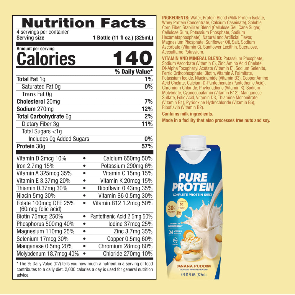 Pure Protein label close-up highlighting 30g protein and low sugar benefits