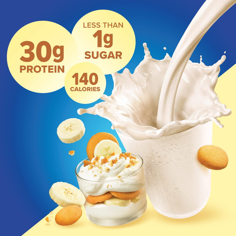 Pure Protein pouring into glass showing creamy texture and satisfying protein