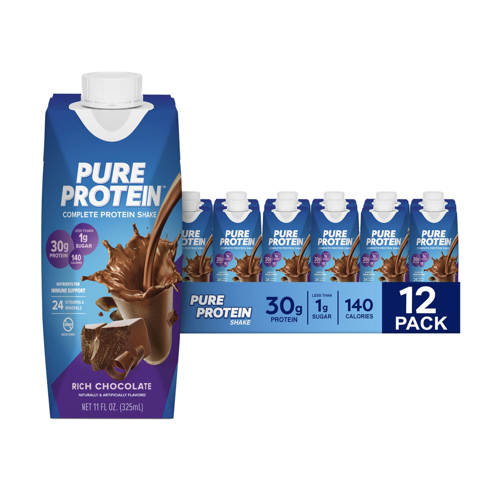Pure Protein front packaging showing 12-bottle chocolate pack and convenience