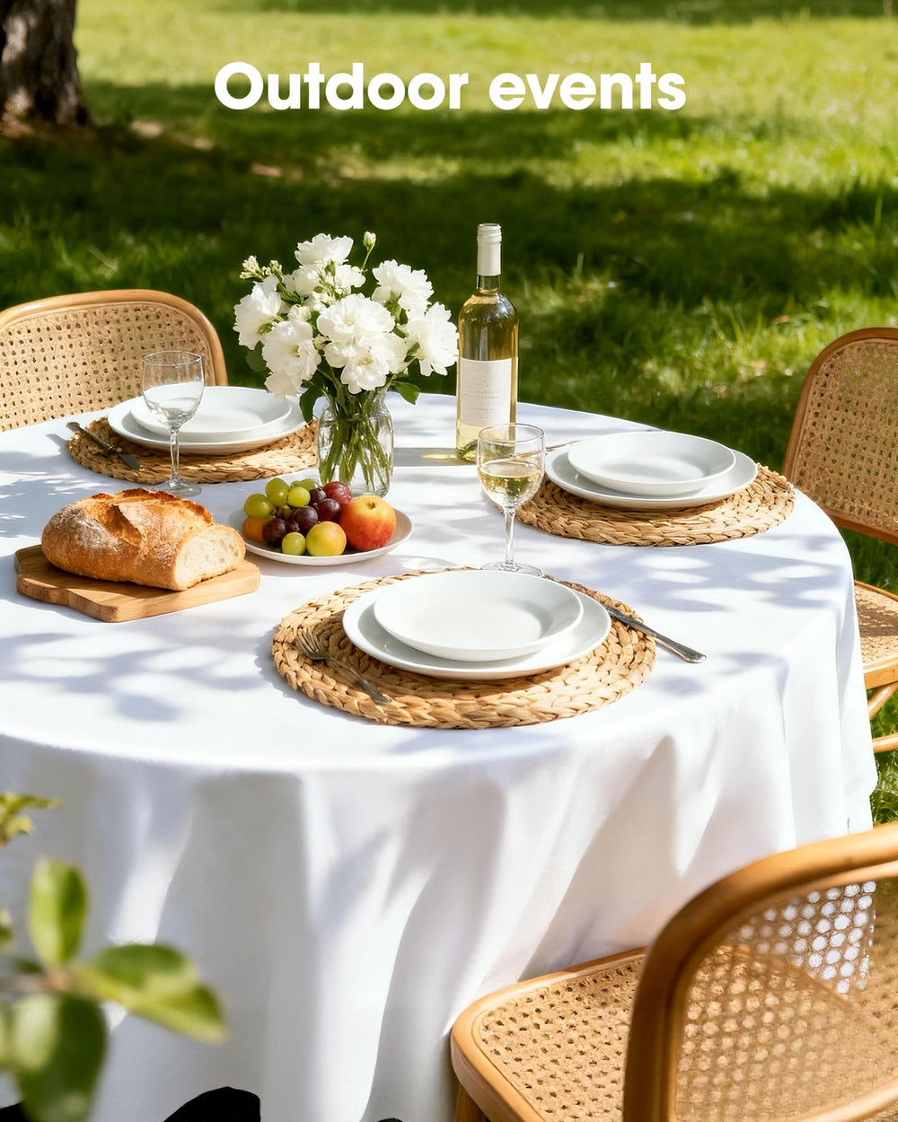 Pureegg tablecloth next to chair for size comparison showing generous drape