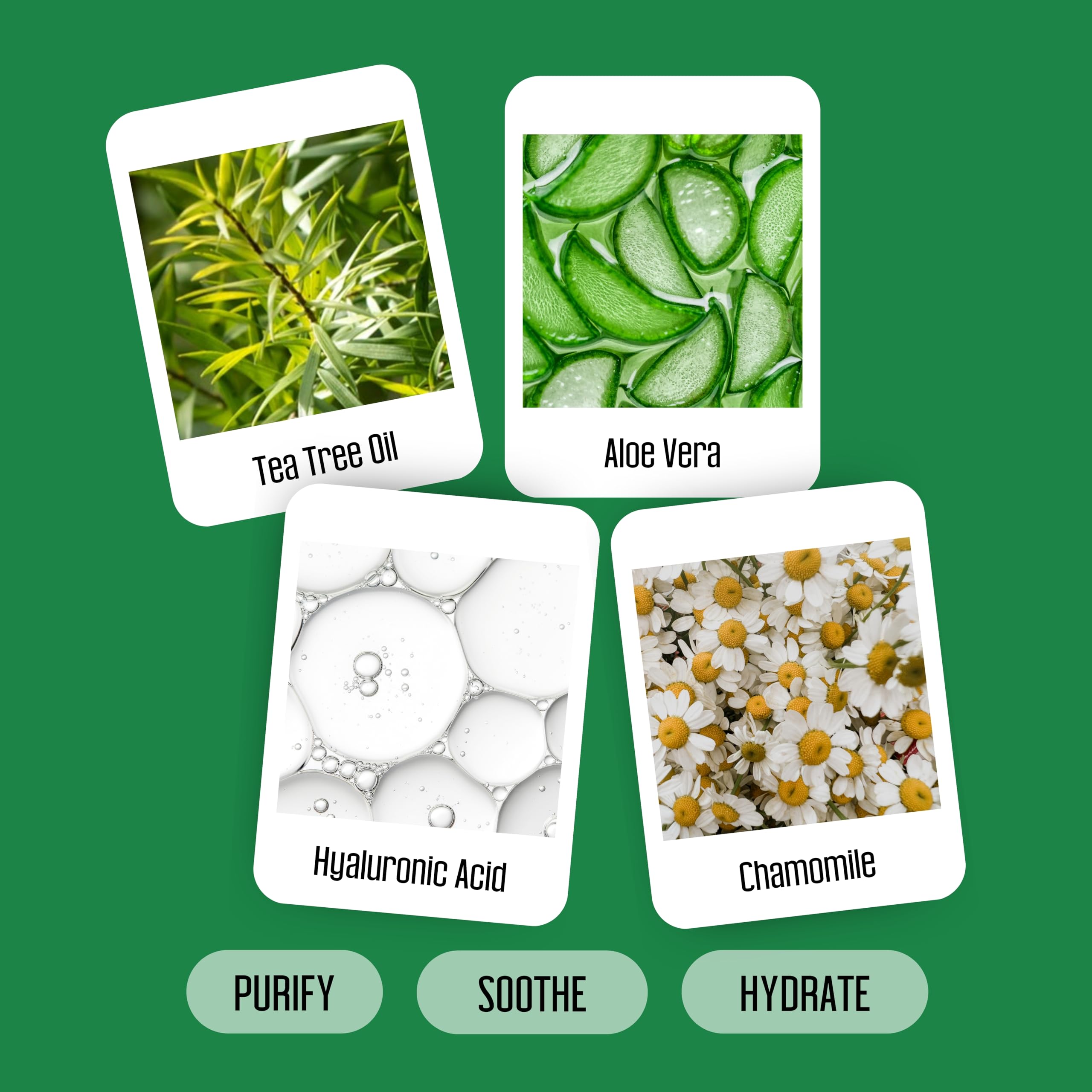 PURELID botanical ingredients tea tree chamomile aloe displayed for soothing