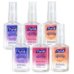 PURELL front packaging showing six travel spray bottles for convenient carry
