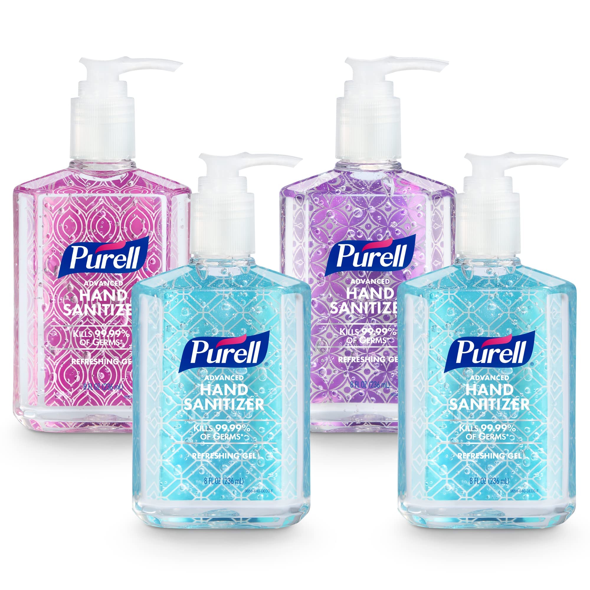 PURELL front packaging showing four bottles and pumps for convenient access