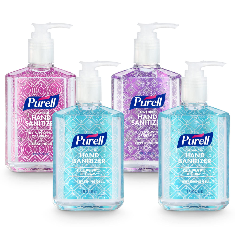 PURELL front packaging showing four bottles and pumps for convenient access