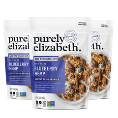 Purely Elizabeth front packaging showing blueberry hemp granola and benefits