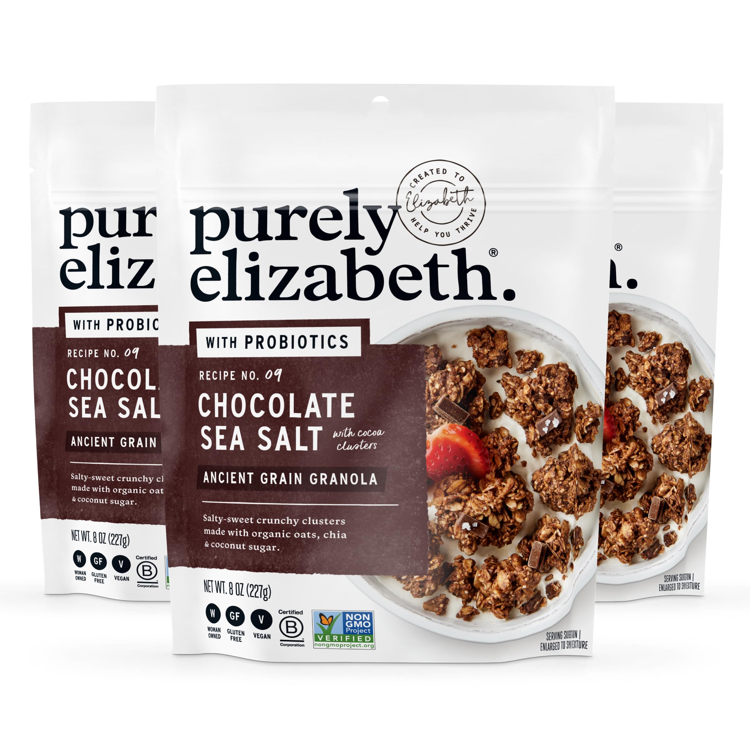 purely elizabeth front packaging showing bag and branding, clear product view benefits quick identification