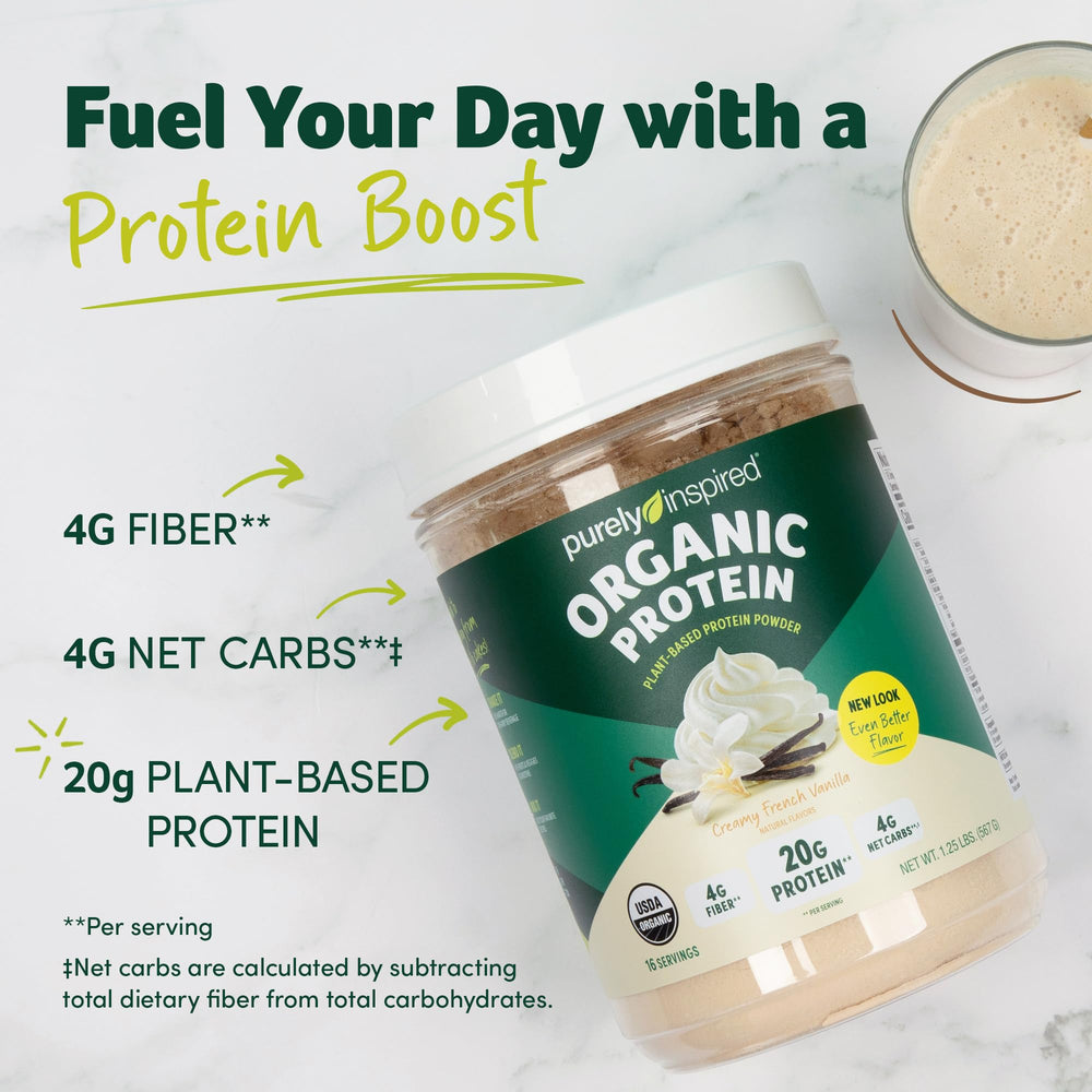 Purely Inspired close-up nutrition label highlighting protein and certifications