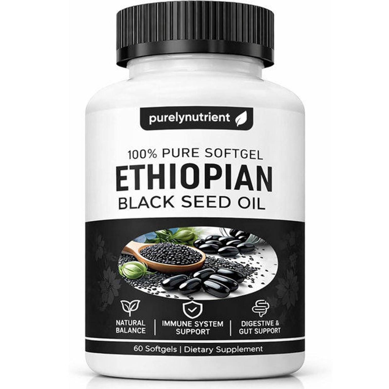 PURELYNUTRIENT front packaging showing organic black seed oil benefits
