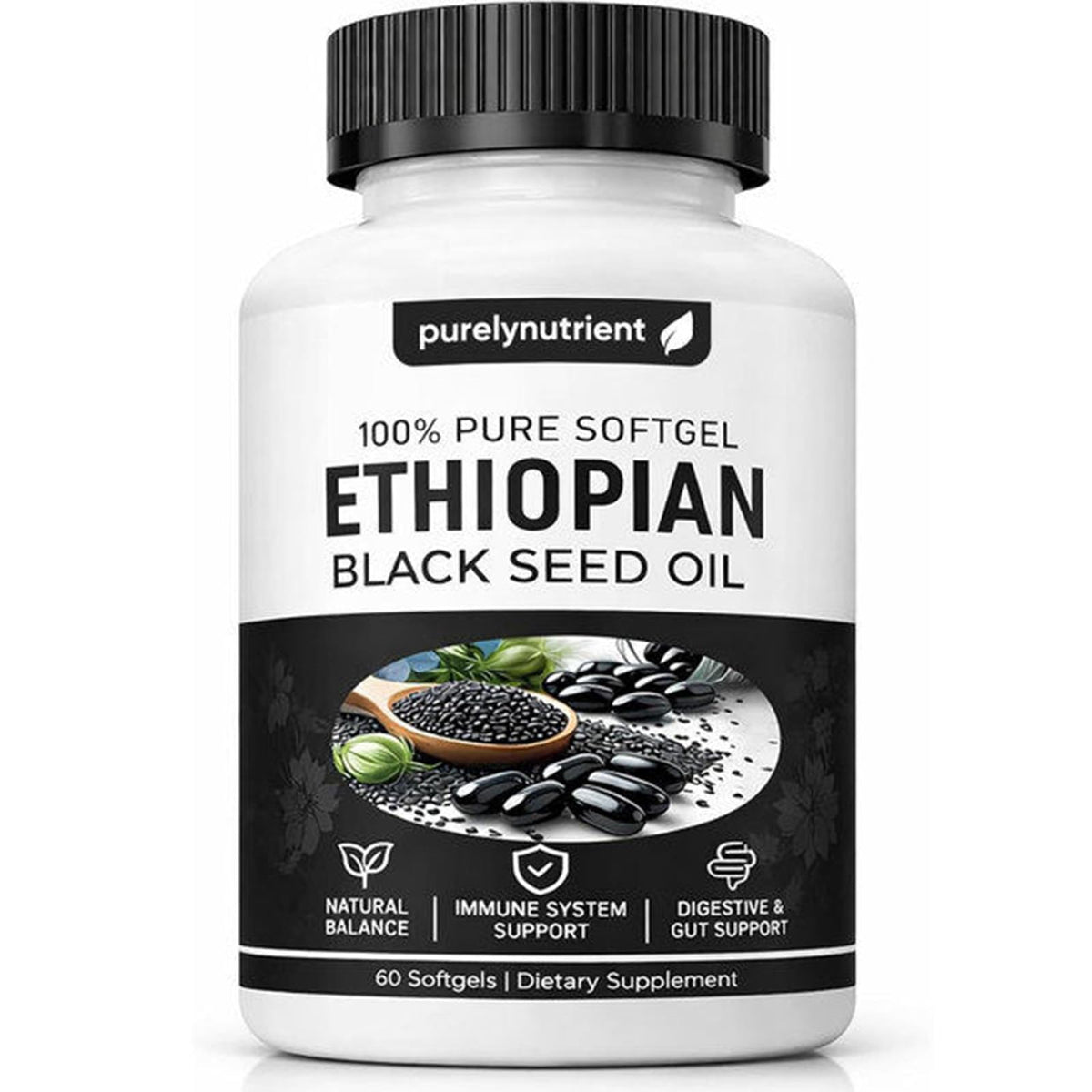 PURELYNUTRIENT front packaging showing organic black seed oil benefits