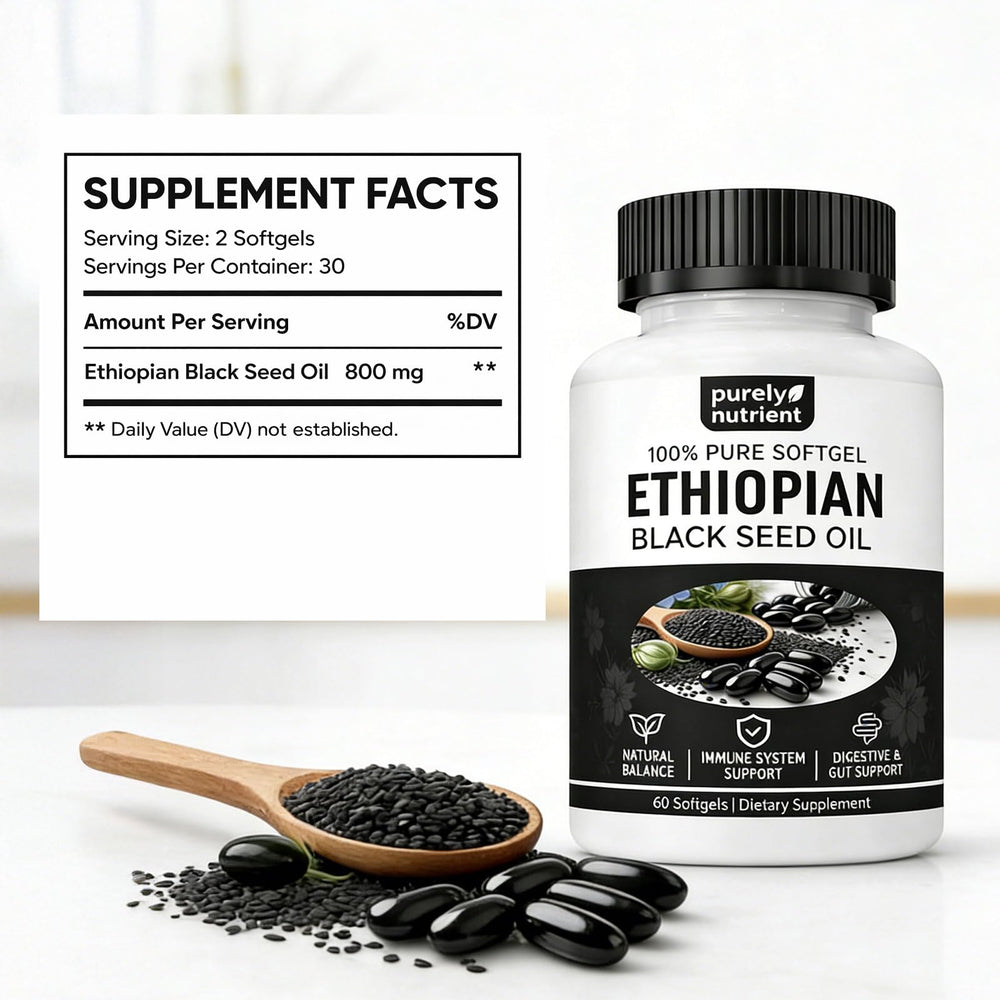 PURELYNUTRIENT label showing 4.64% thymoquinone and ingredient clarity
