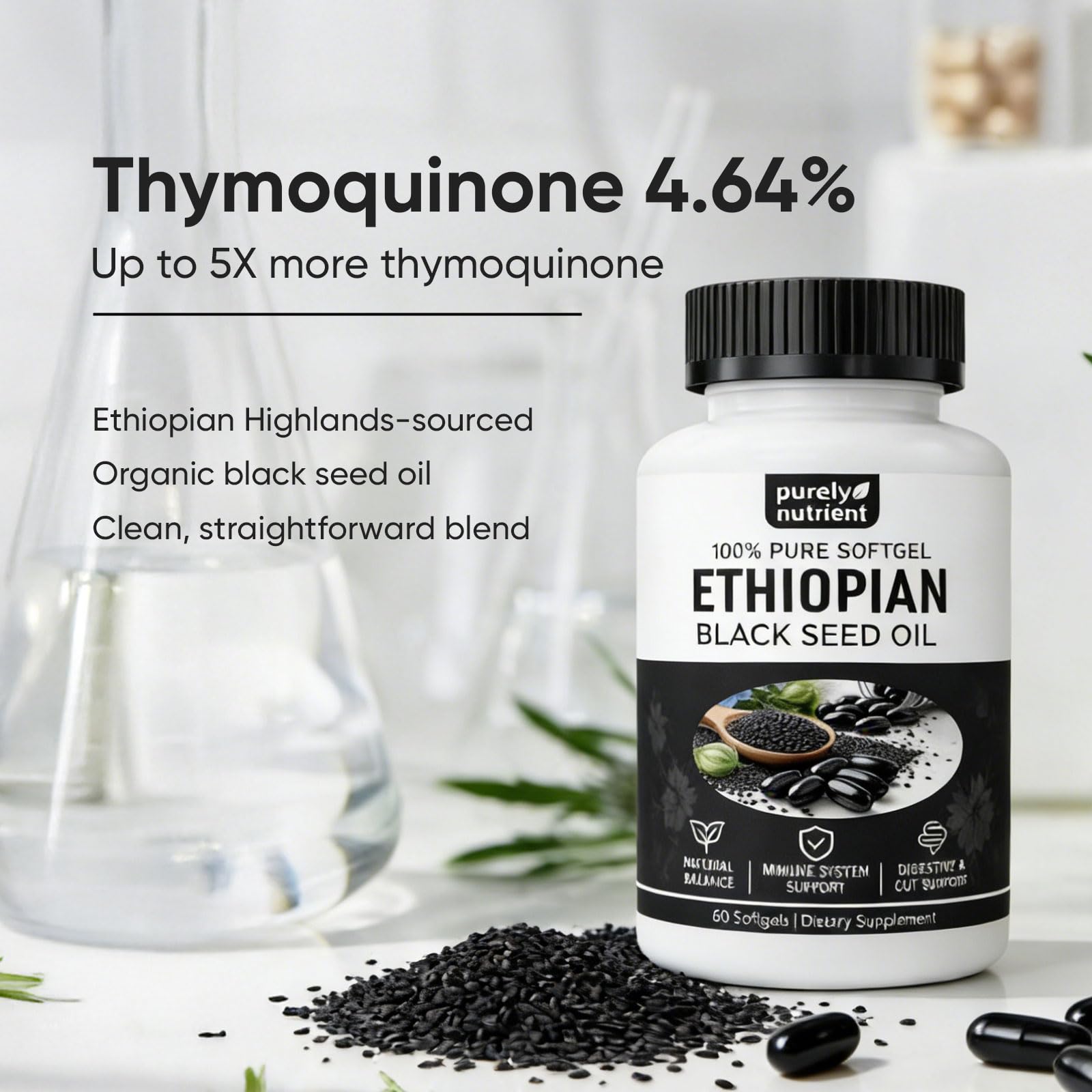 PURELYNUTRIENT cold‑pressed seeds and oil droplet highlighting purity