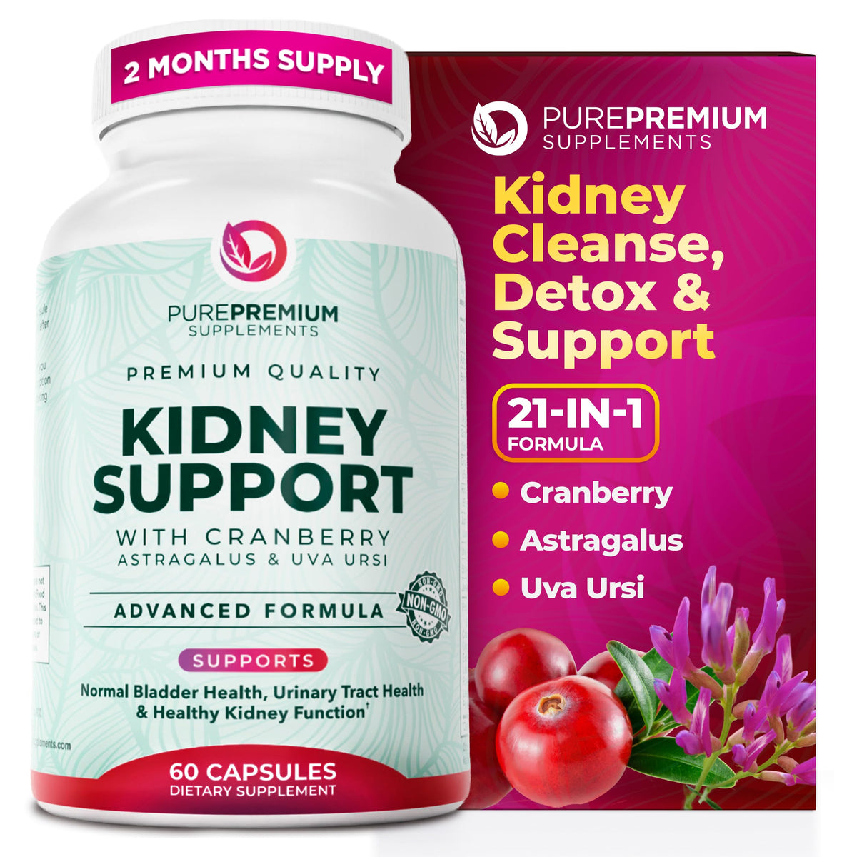 PurePremium front packaging shows bottle and capsule, clear product identification benefit