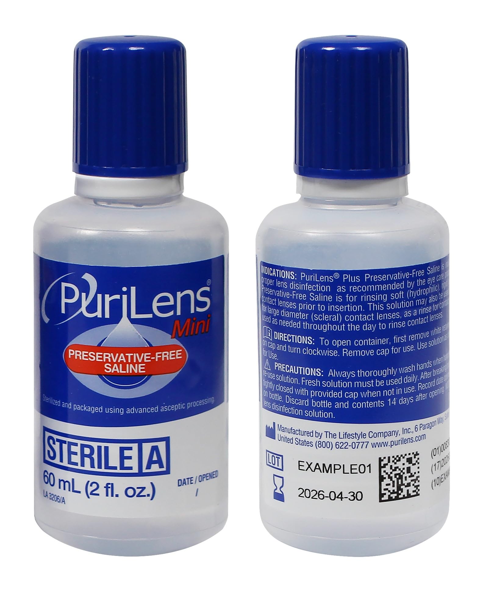 Purilens close-up label highlighting preservative-free formula and pH balance