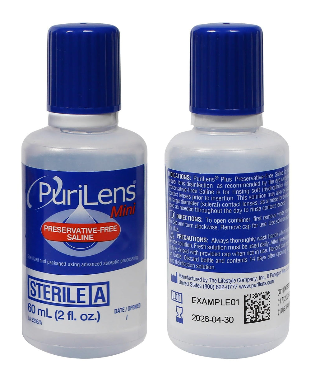Purilens close-up label highlighting preservative-free formula and pH balance