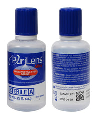 Purilens close-up label highlighting preservative-free formula and pH balance