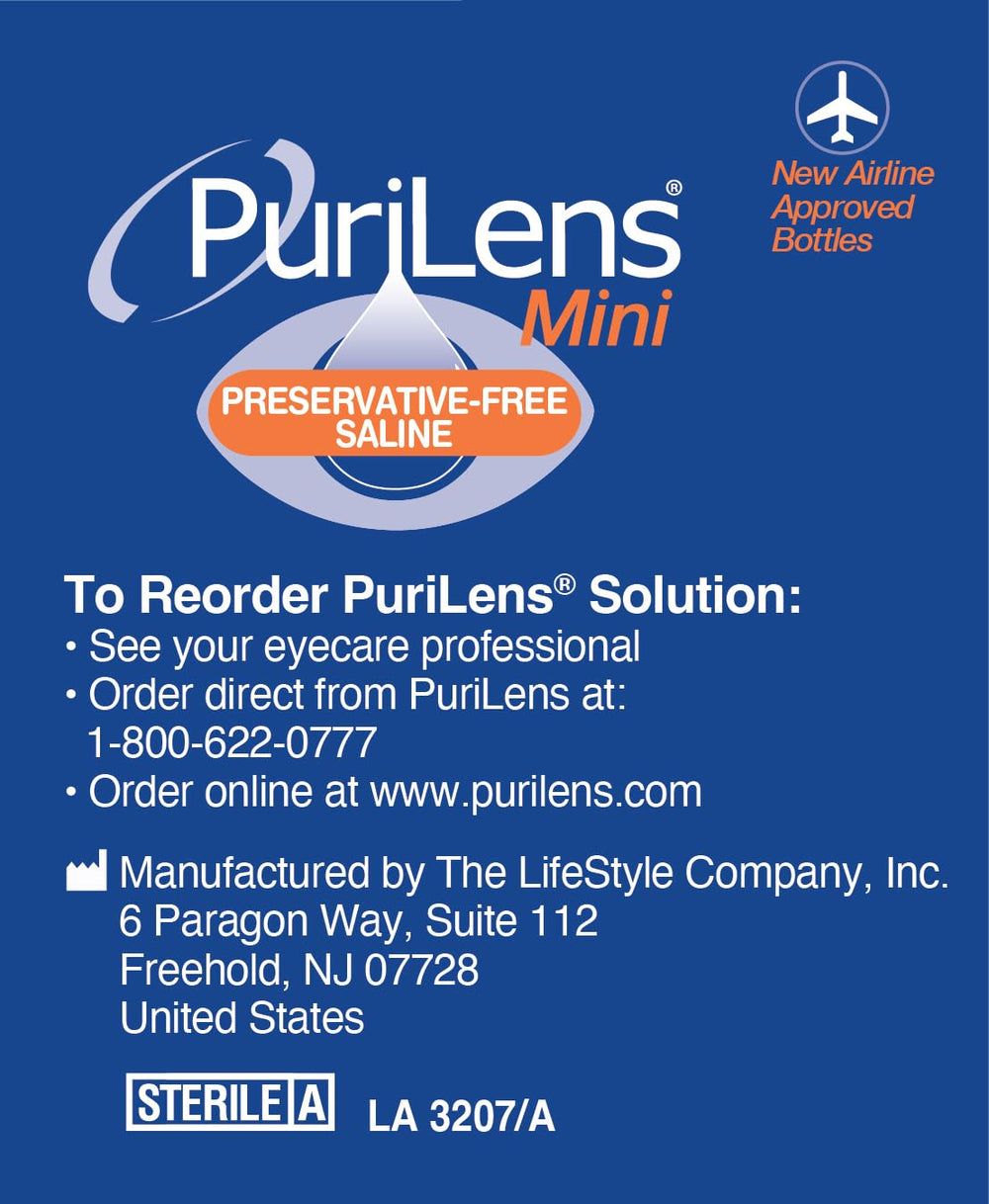 Hand holding Purilens bottle packed in travel toiletry bag for portability