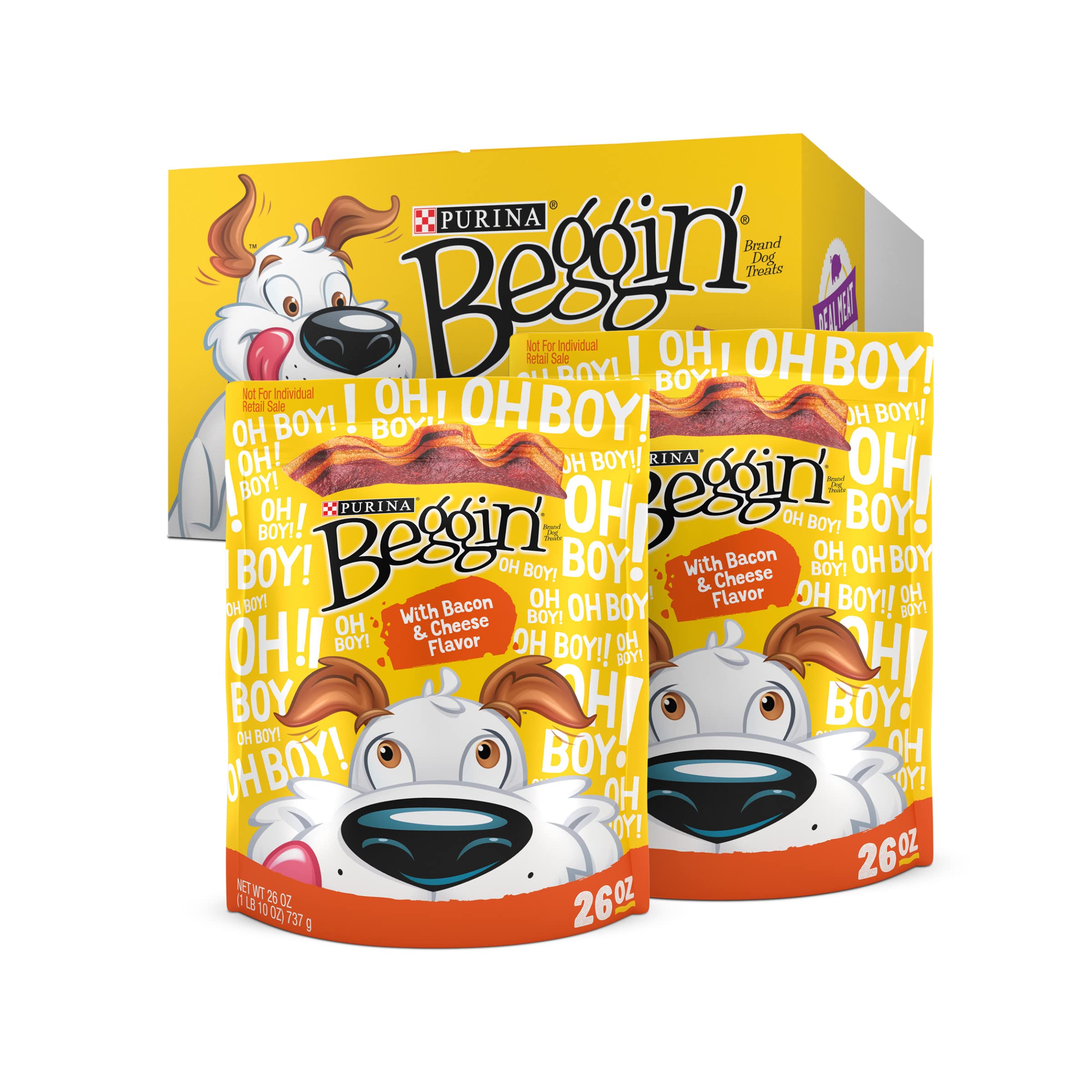 Purina Beggin' front packaging shows two resealable pouches and benefits convenience