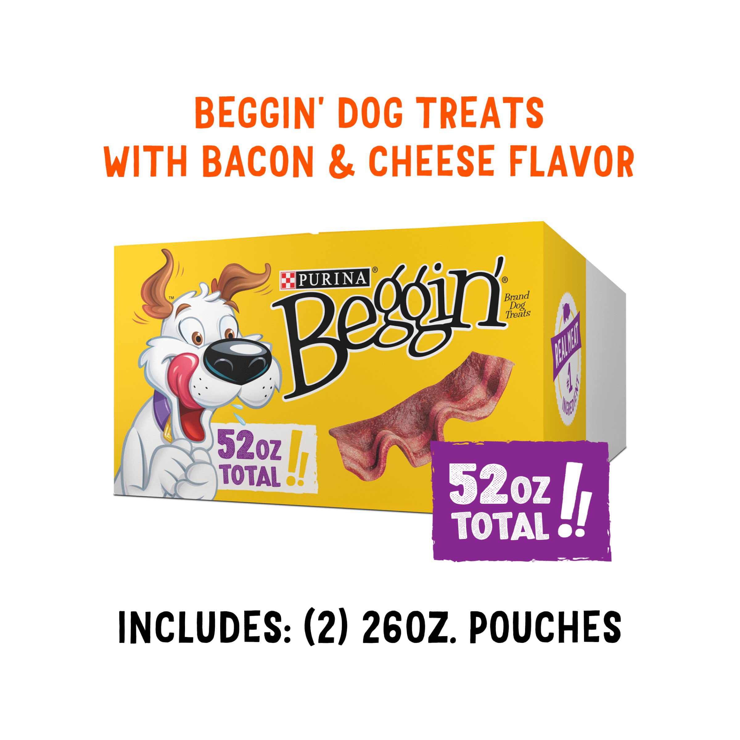 Purina Beggin' pouches next to common objects shows pouch volume advantage
