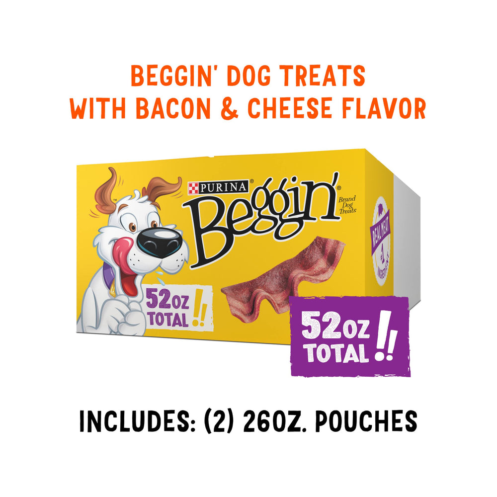 Purina Beggin' pouches next to common objects shows pouch volume advantage