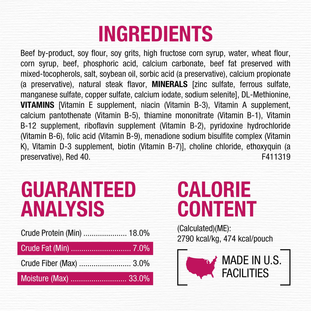 Purina Moist & Meaty closeup of real beef pieces highlighting high‑quality protein