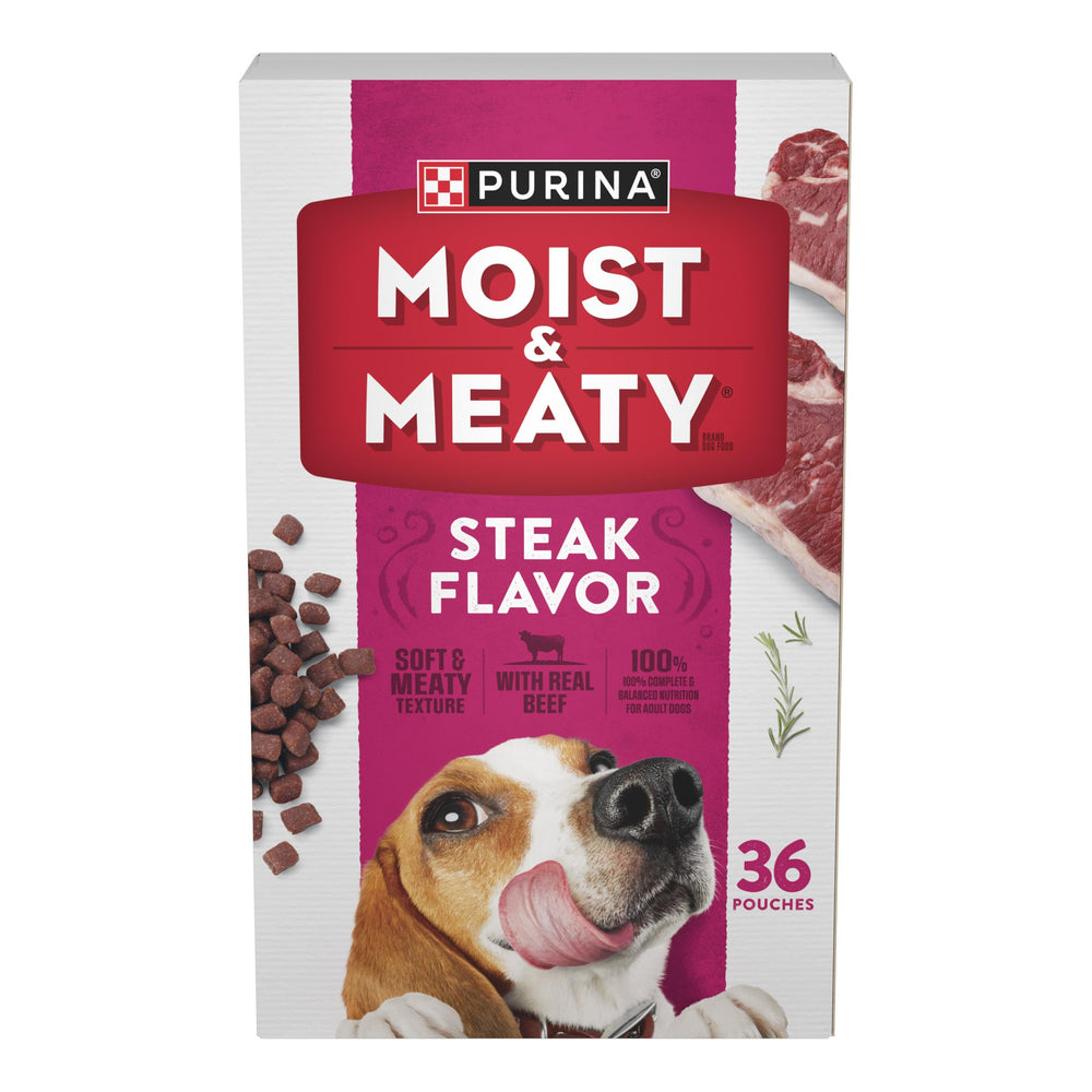 Purina Moist & Meaty front packaging showing product name and count, convenient storage
