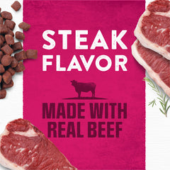 Purina Moist & Meaty opened pouch revealing soft steak pieces and appetizing texture