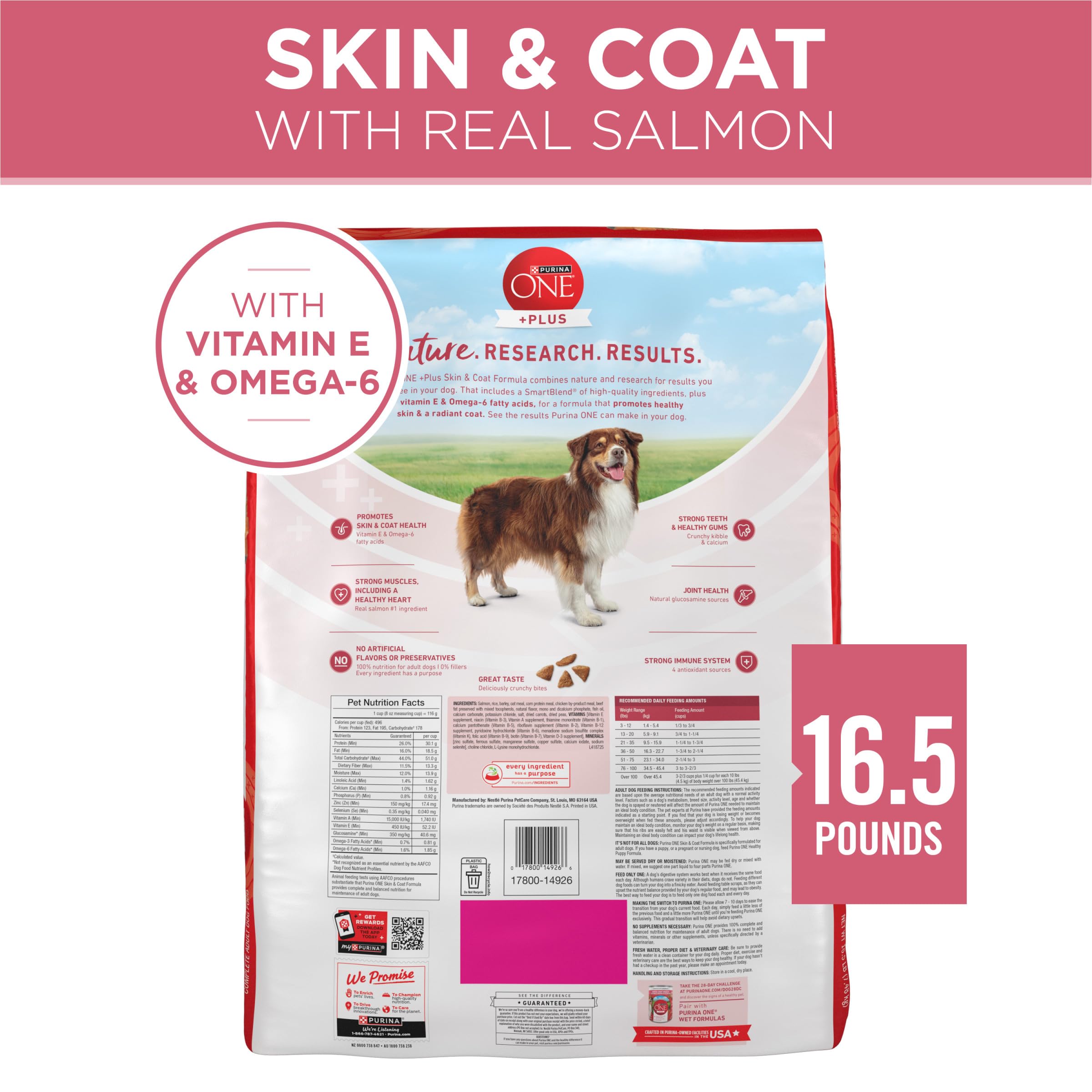 Crunchy Purina ONE kibble near teeth showing dental benefit