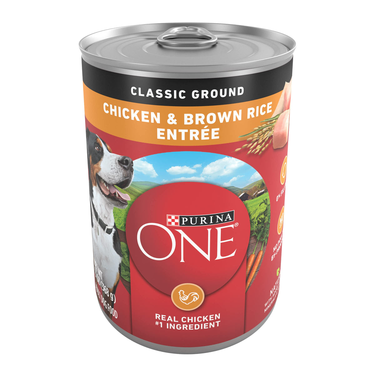 Purina ONE front can showing Classic Ground Chicken label and clear benefits