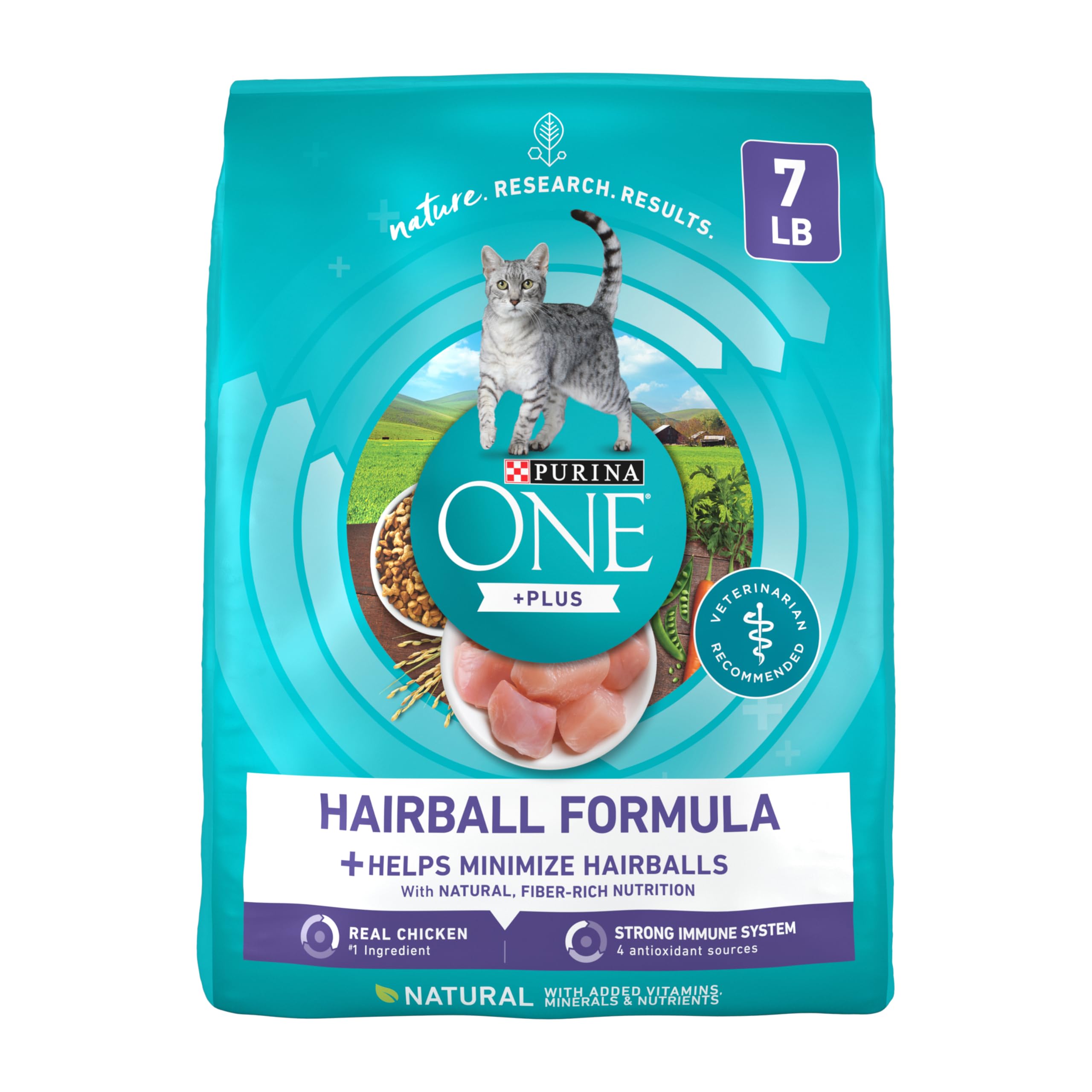Purina ONE front of bag showing brand and hairball control benefits