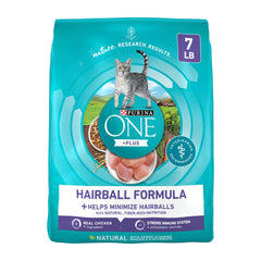 Purina ONE front of bag showing brand and hairball control benefits