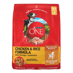 Purina ONE front of bag showing chicken recipe and benefits