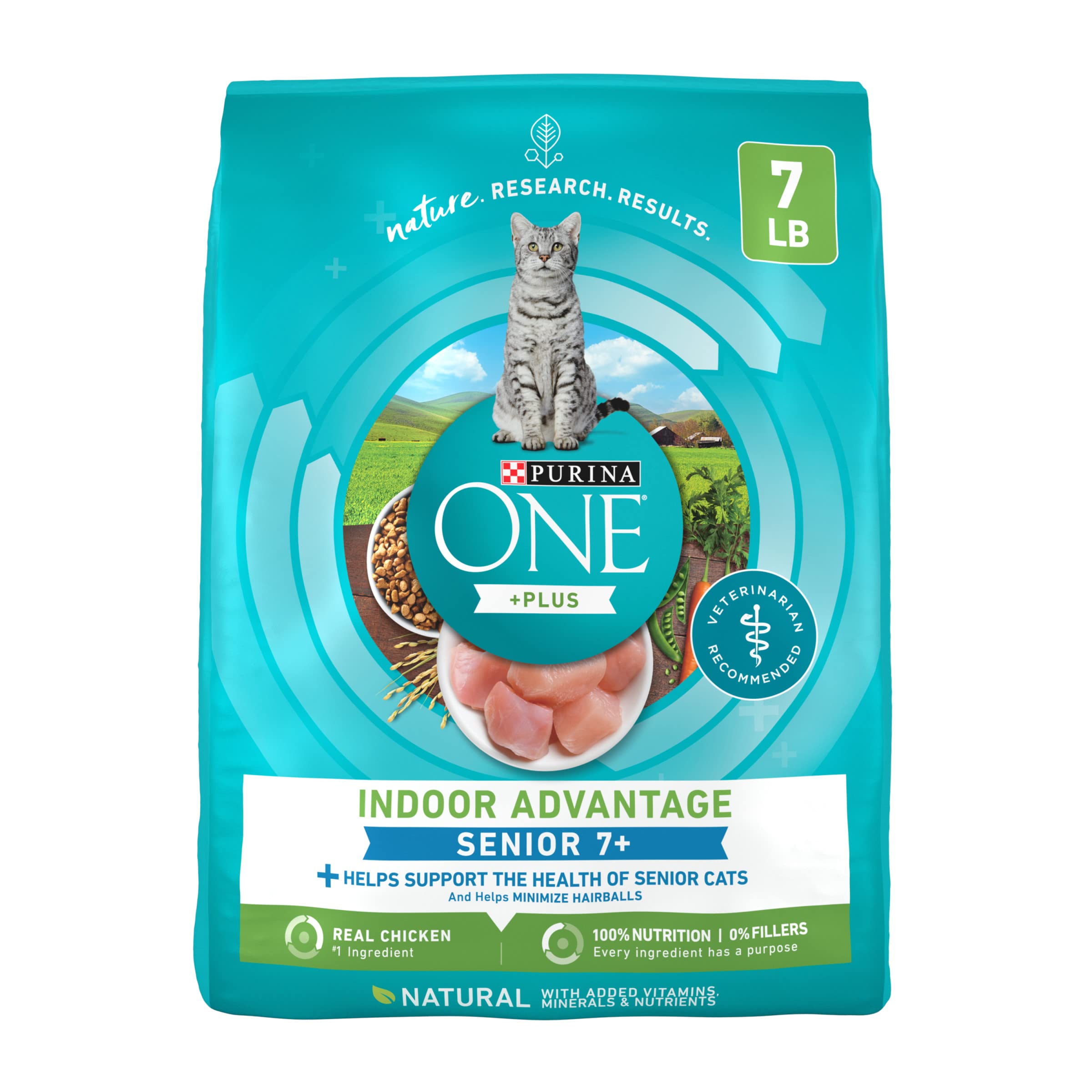 Purina ONE front packaging showing 7 lb bag and branding benefits
