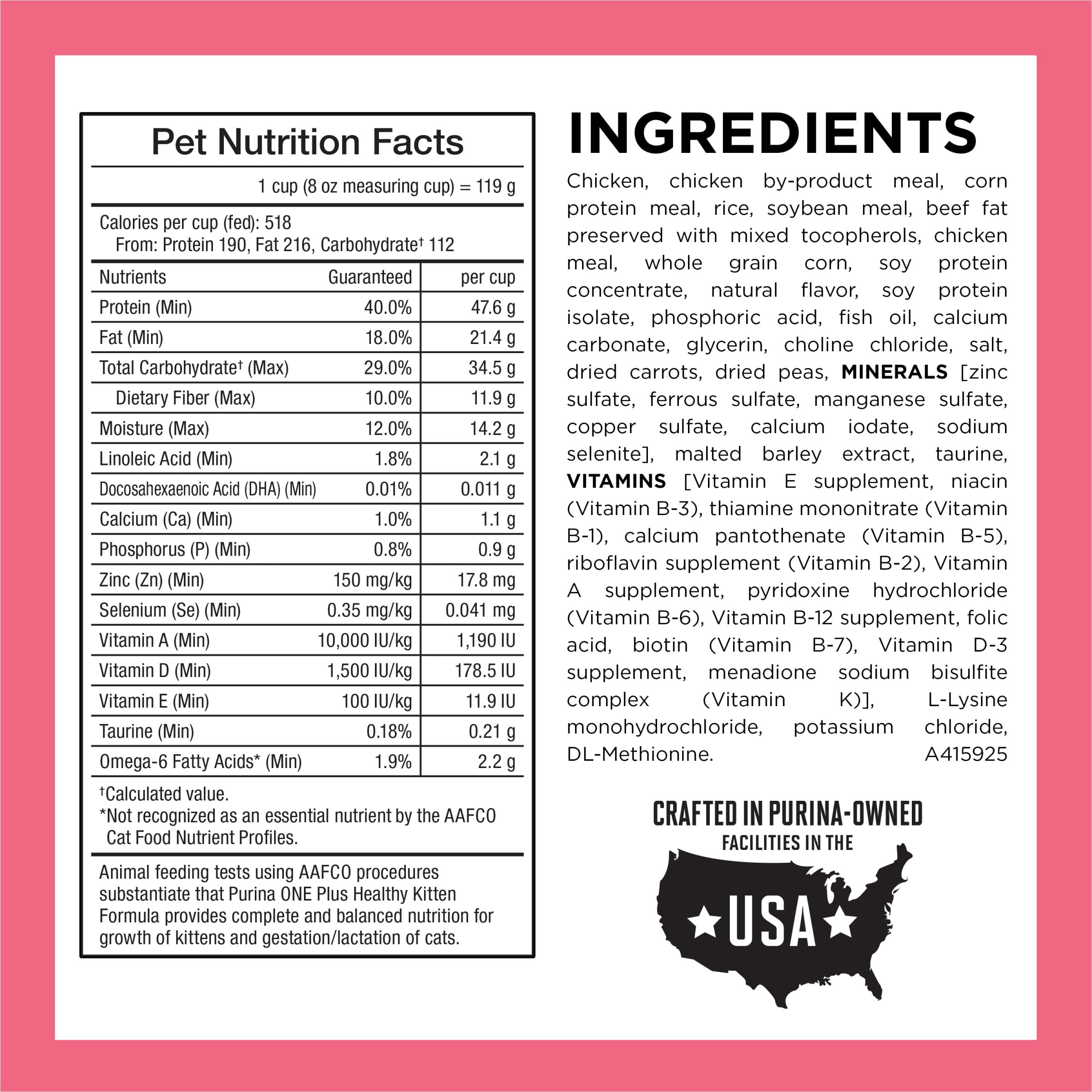 Purina ONE ingredient view with real chicken pieces for protein