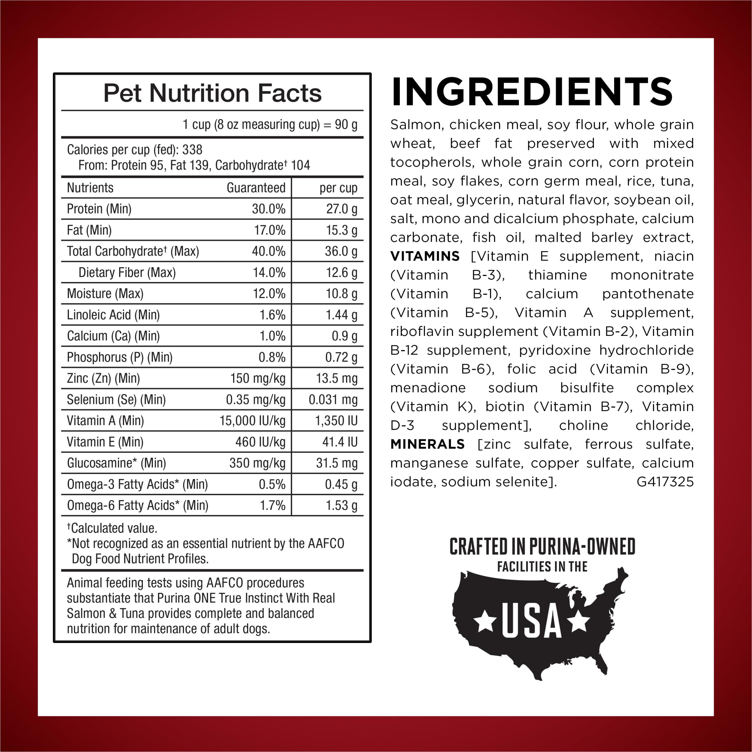 Purina ONE ingredient label detail highlighting real salmon