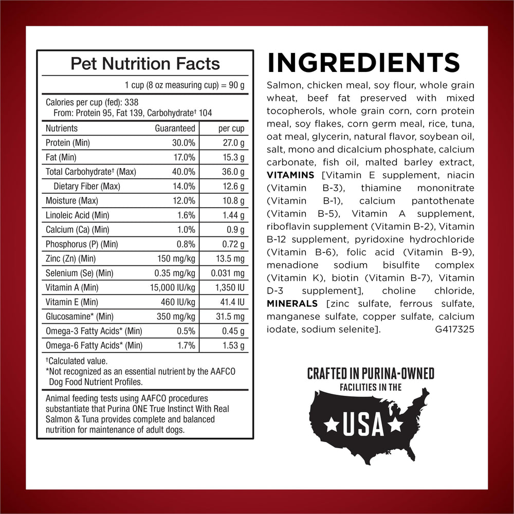 Purina ONE ingredient label detail highlighting real salmon