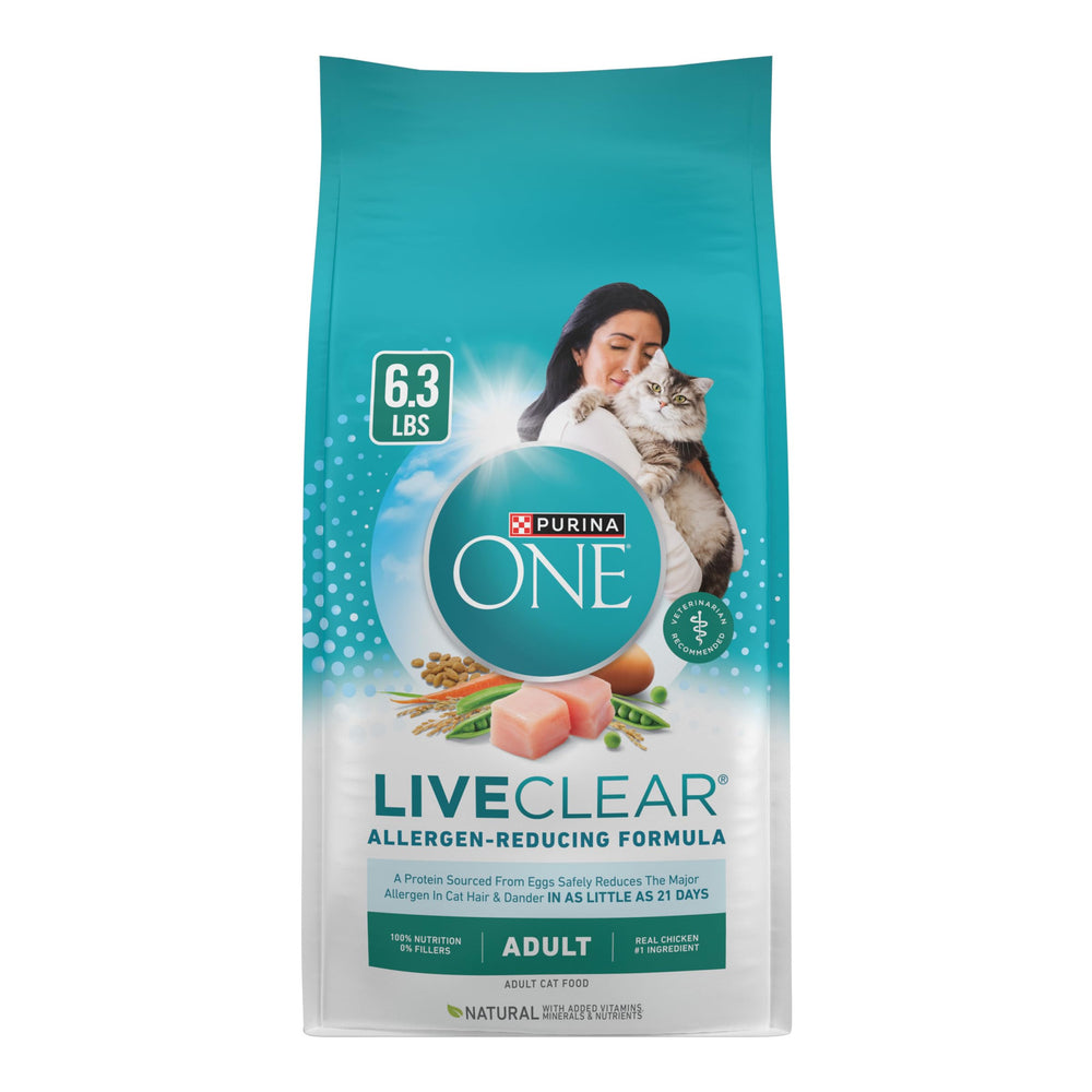 Purina ONE front of bag showing LiveClear branding and 6.3 lb size benefit