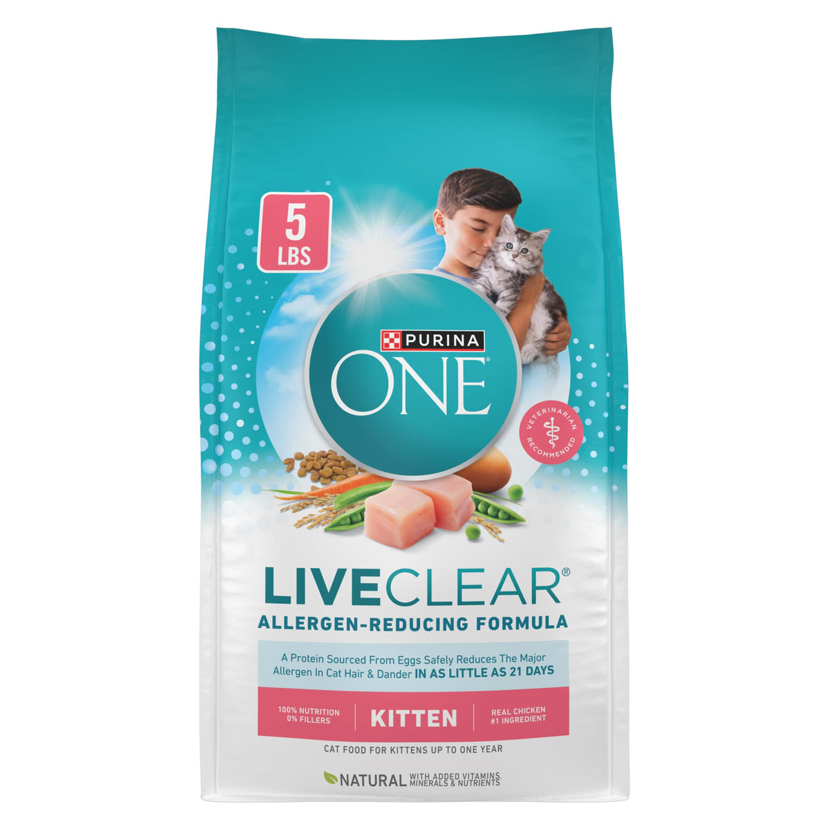 Purina ONE LiveClear front package showing product name and weight benefit