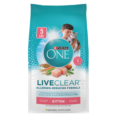 Purina ONE LiveClear front package showing product name and weight benefit