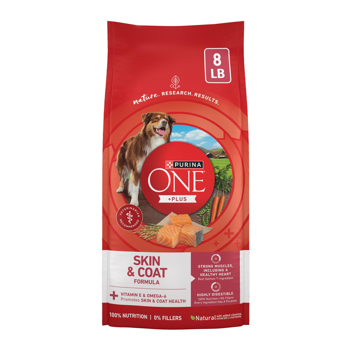 Purina ONE front packaging showing salmon ingredient and benefits