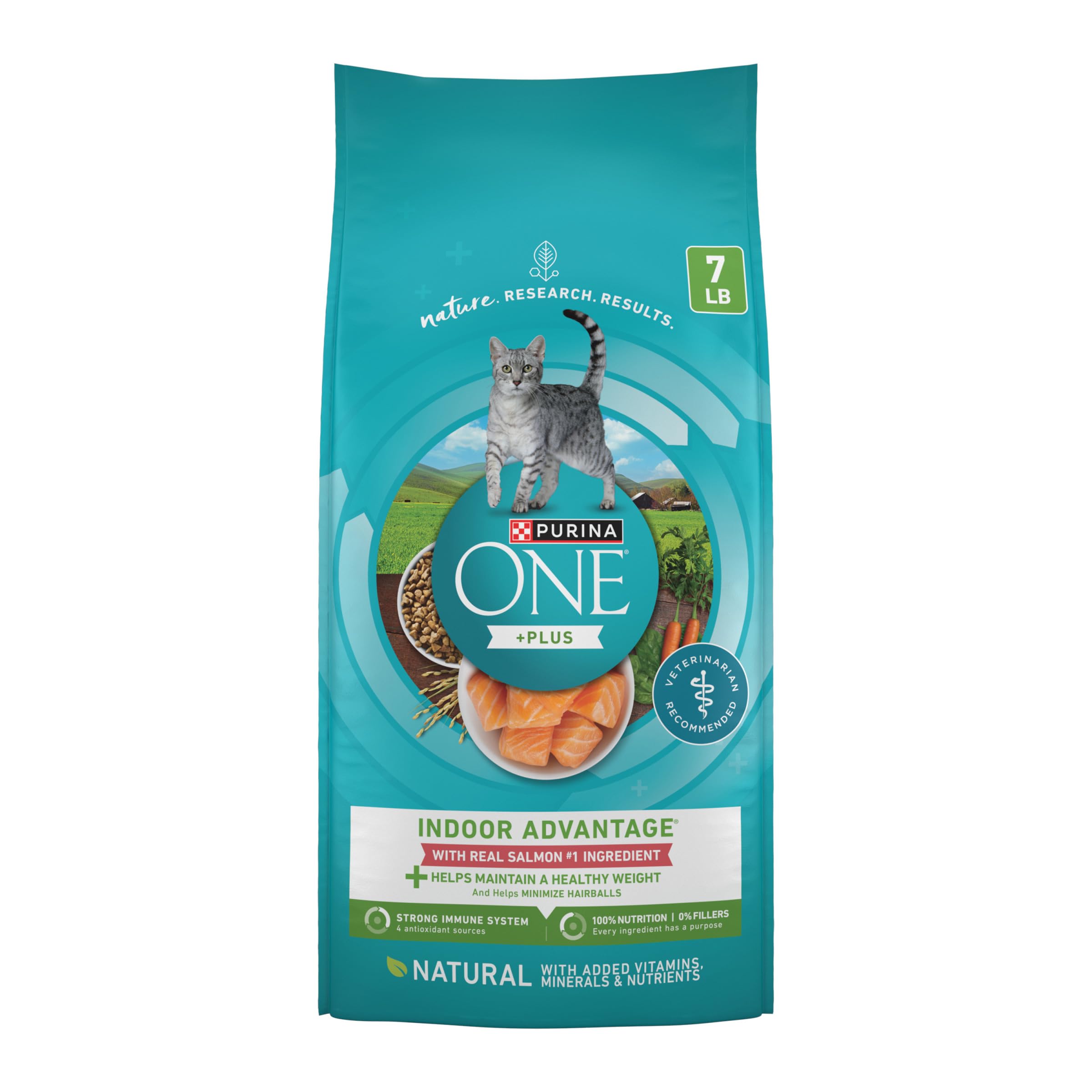 Purina ONE front packaging shows salmon and benefits for balanced nutrition