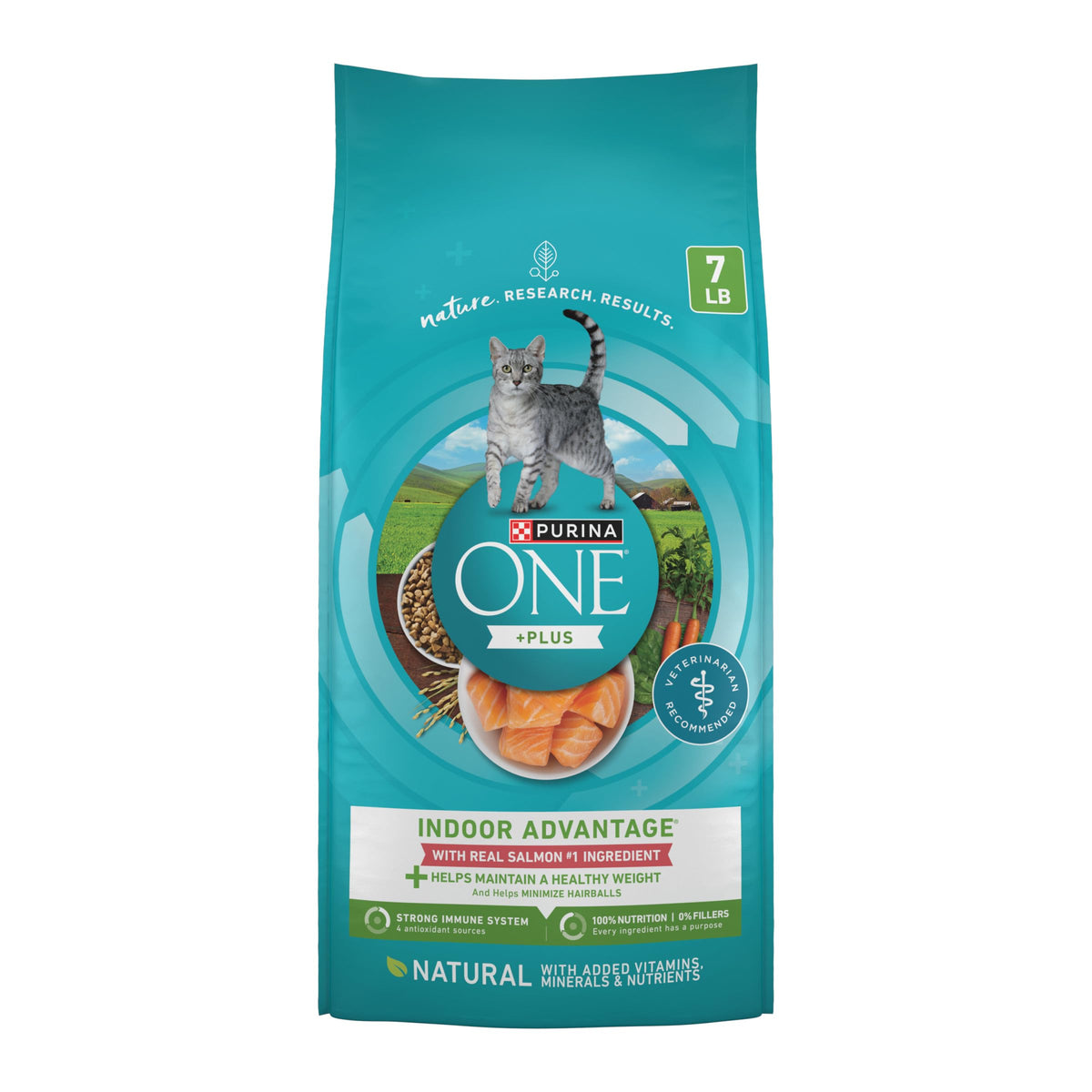 Purina ONE front packaging shows salmon and benefits for balanced nutrition