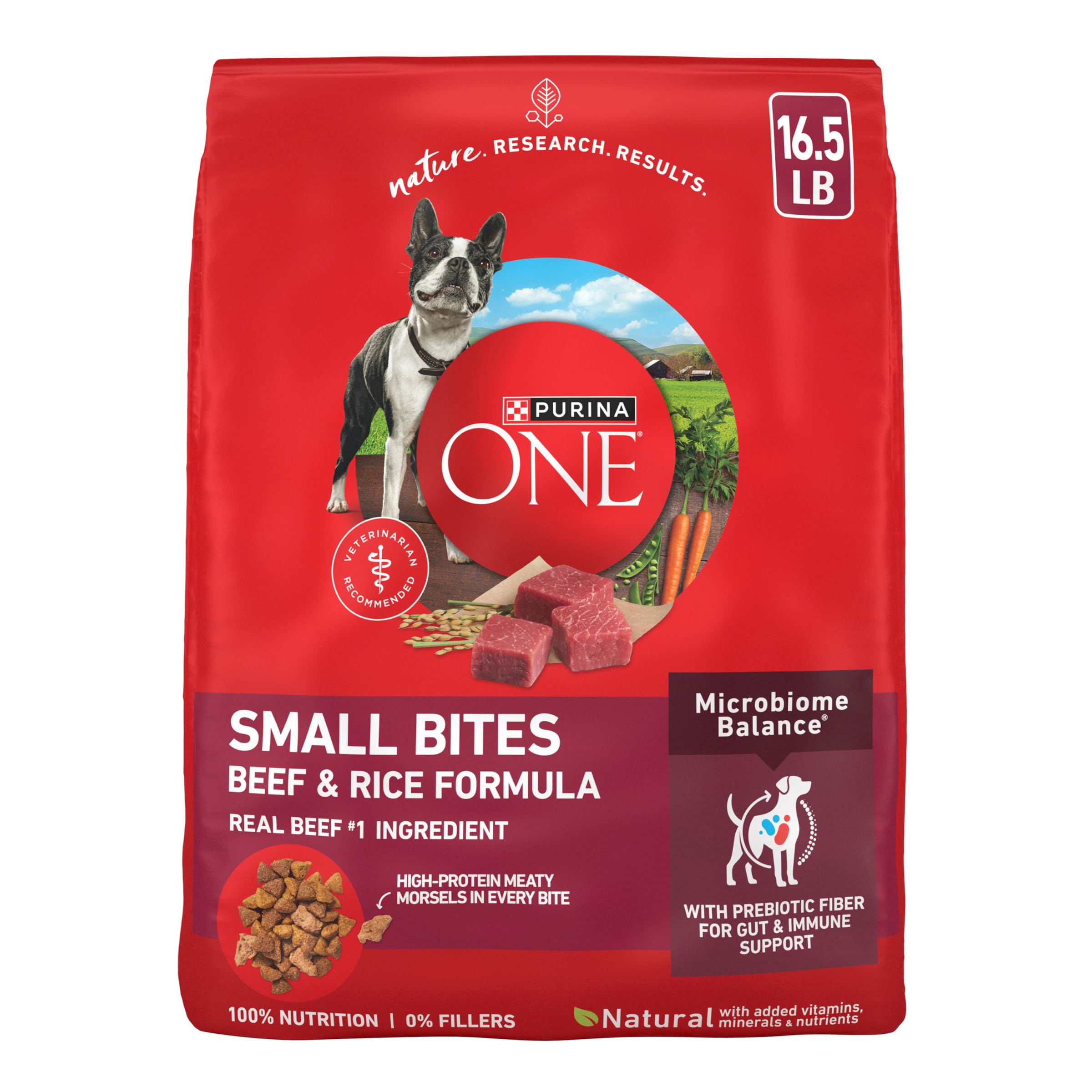 Purina ONE front pack showing beef and rice formula benefits