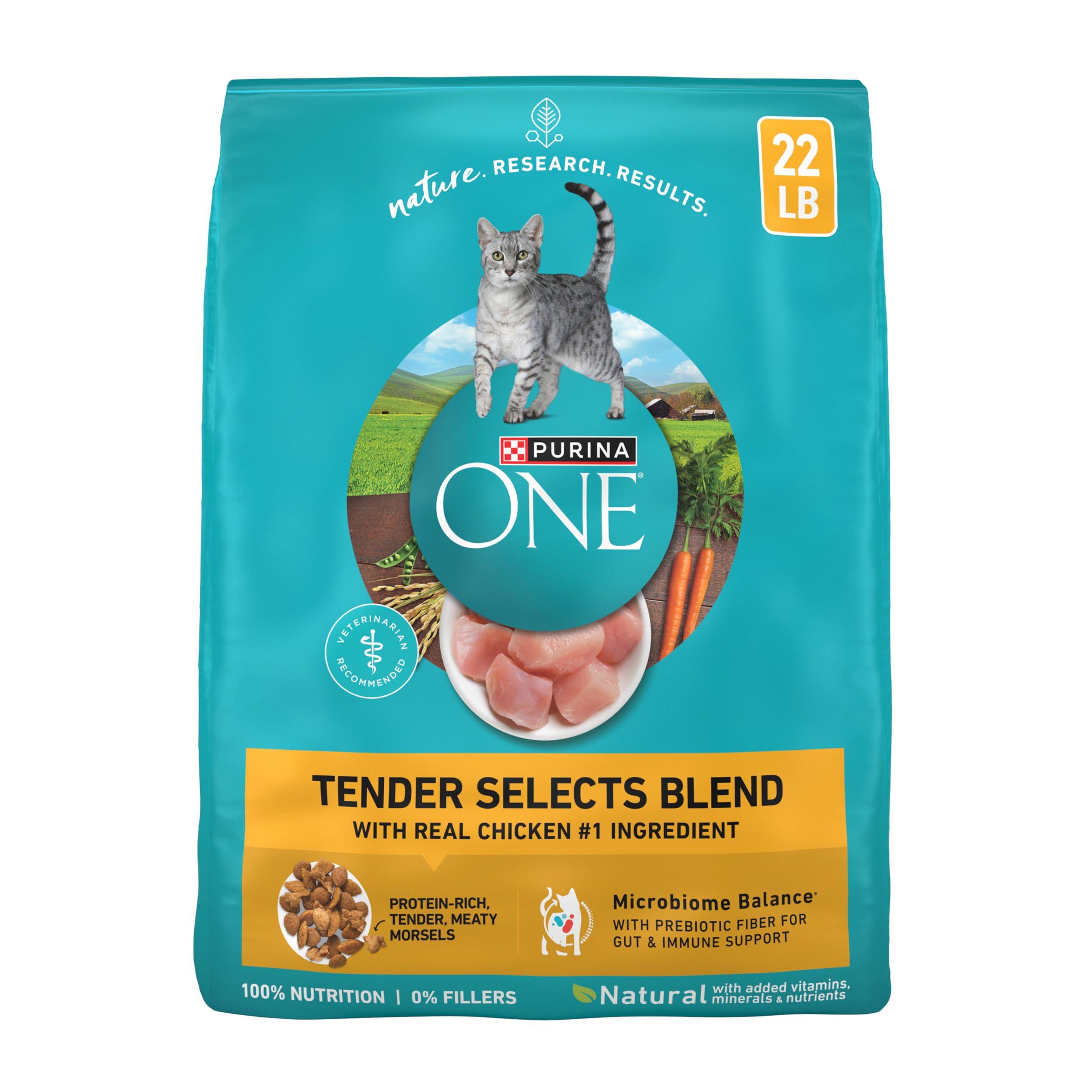 Purina ONE front packaging showing 22 lb bag and brand benefits