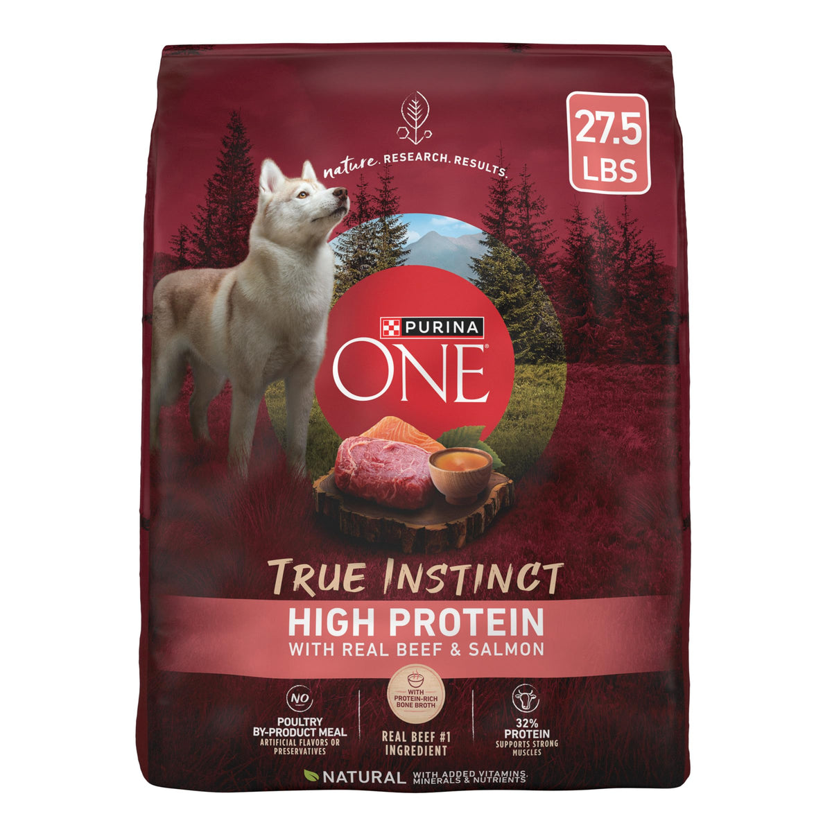 Purina ONE bag front view showing Real Beef & Salmon benefits