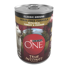 Purina ONE front can displaying turkey and venison benefits