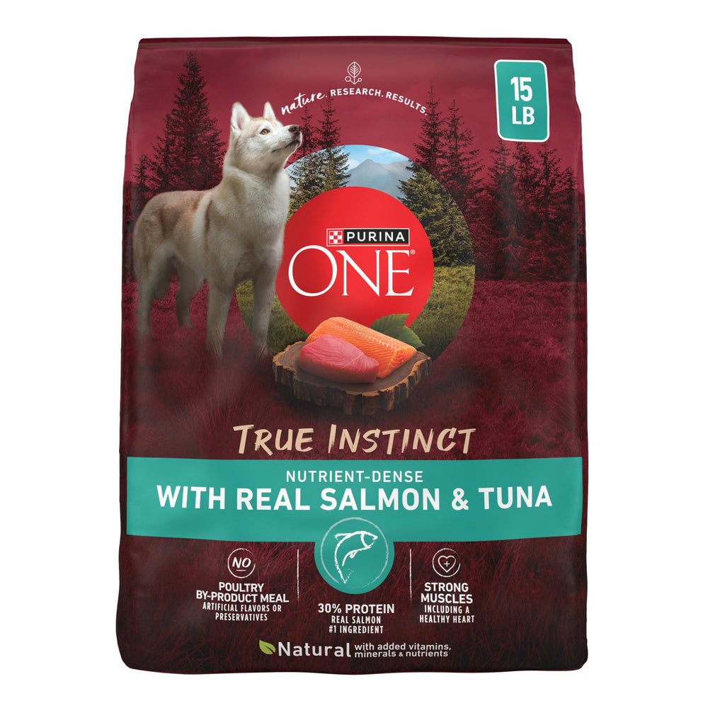 Purina ONE front of bag showing salmon and tuna benefits