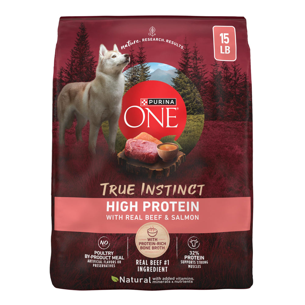 Purina ONE front of bag showing real beef and salmon benefits